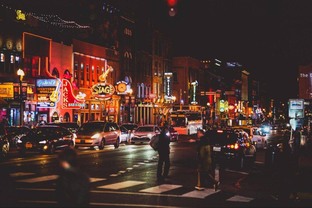 Broadway Street in Nashville at night